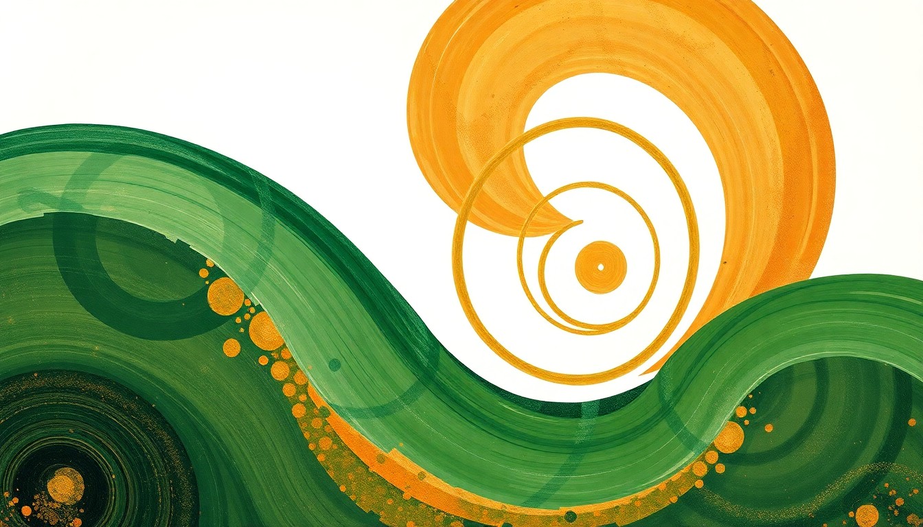 A bold, abstract painting in earthy tones of green, brown, and ochre, featuring sweeping geometric arcs, concentric circles, and precise botanical spirals, conceptually representing the complex forces and structures of geothermal energy generation.