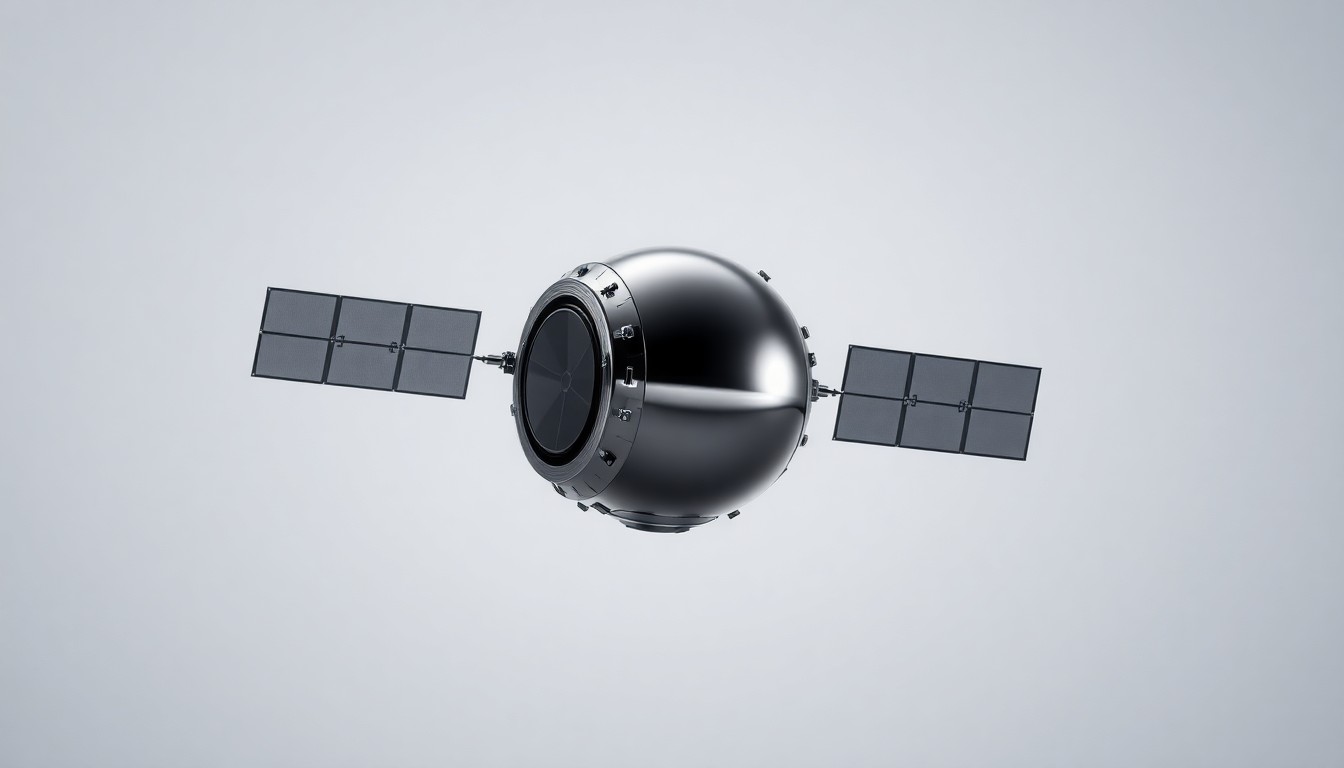 A high-end, photorealistic studio still-life photograph featuring a sleek, metallic satellite model or spacecraft component floating on a clean, monochromatic background, dramatically lit with sharp shadows to represent the advanced technology behind Starfish Space's space infrastructure solutions.