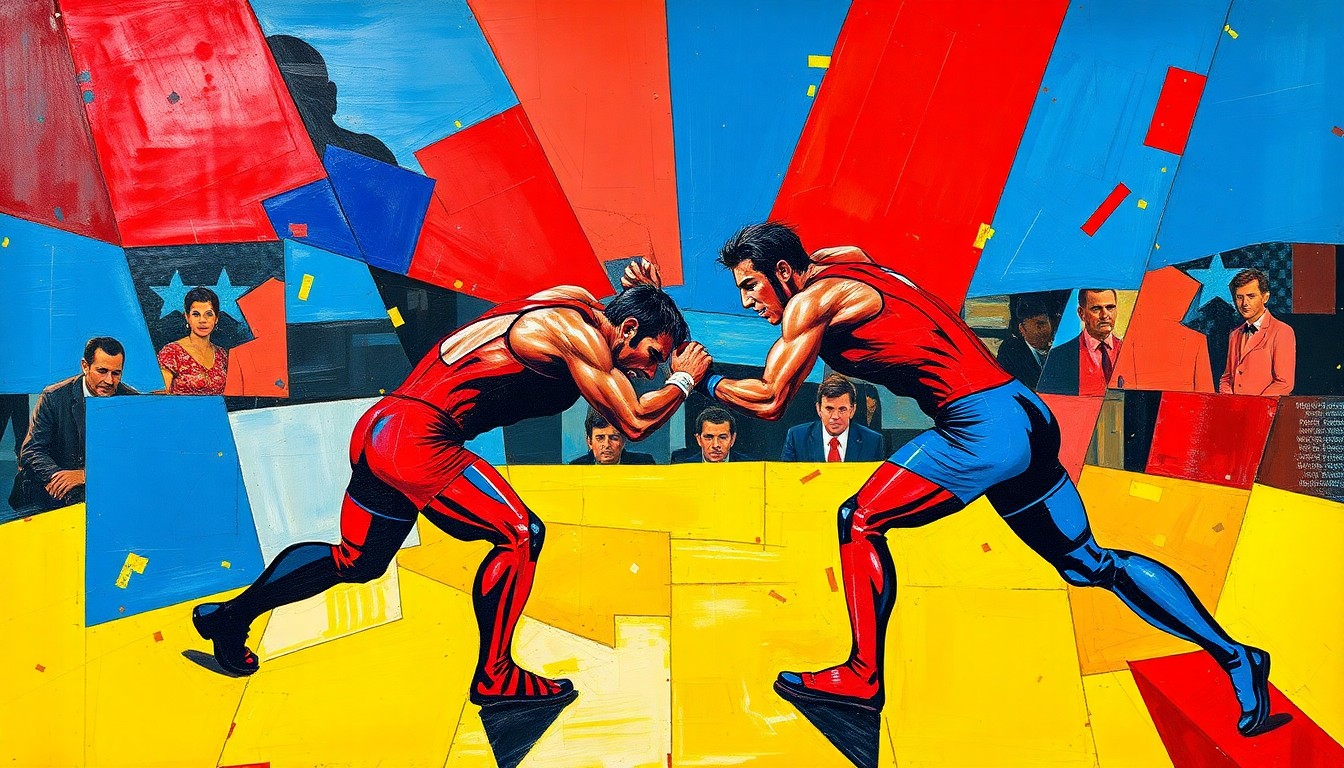 A cubist, geometric painting depicting a wrestling match or competition, with sharp planes of red, blue, and yellow overlapping to create a dynamic, abstract visual.