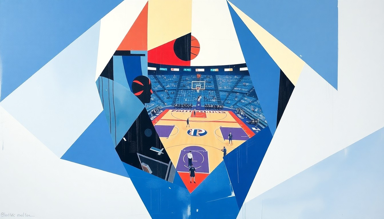 A cubist, geometric painting in Providence's team colors of navy blue and white, with overlapping shapes and planes representing the dynamic action of a college basketball game.