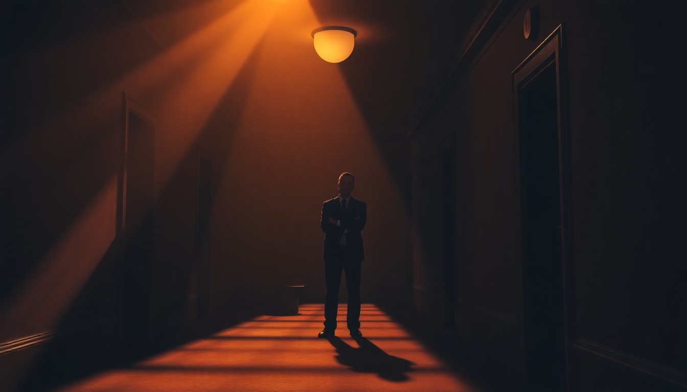 A cinematic painting of a lone figure standing in a dimly lit government building hallway, the warm sunlight casting deep shadows and creating a somber, pensive mood.