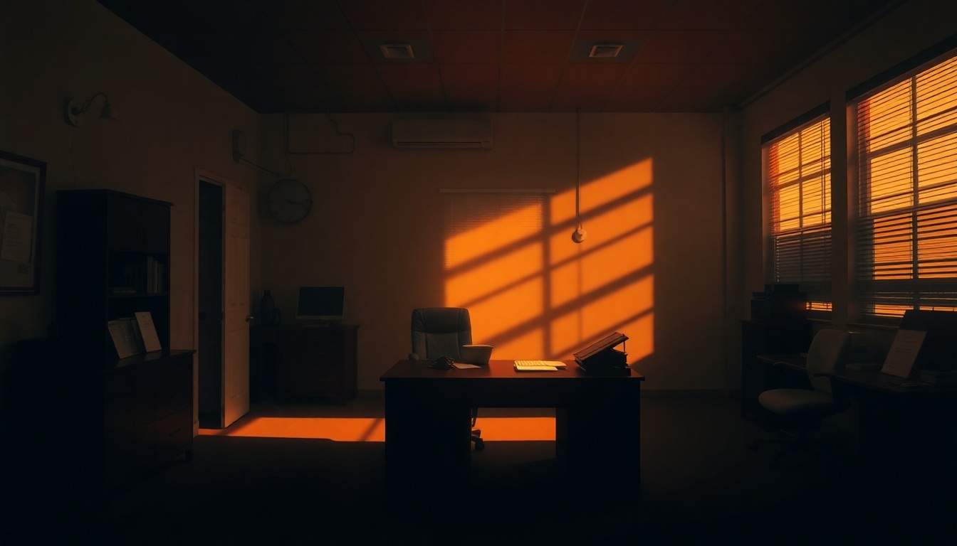 A dimly lit, cinematic painting of a government office desk with scattered papers and a lone desk lamp, conveying a sense of quiet contemplation and administrative scrutiny.