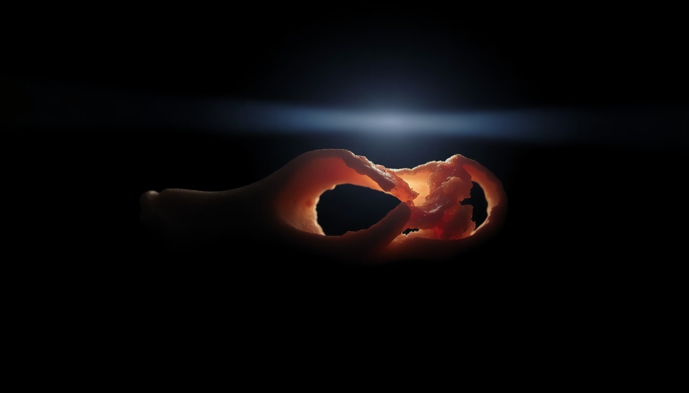 An extreme close-up of a human bone fragment with a rough, textured surface, lit dramatically by a harsh camera flash against a pitch-black background, conceptually representing the grisly nature of the Ocean City murders without depicting actual violence.