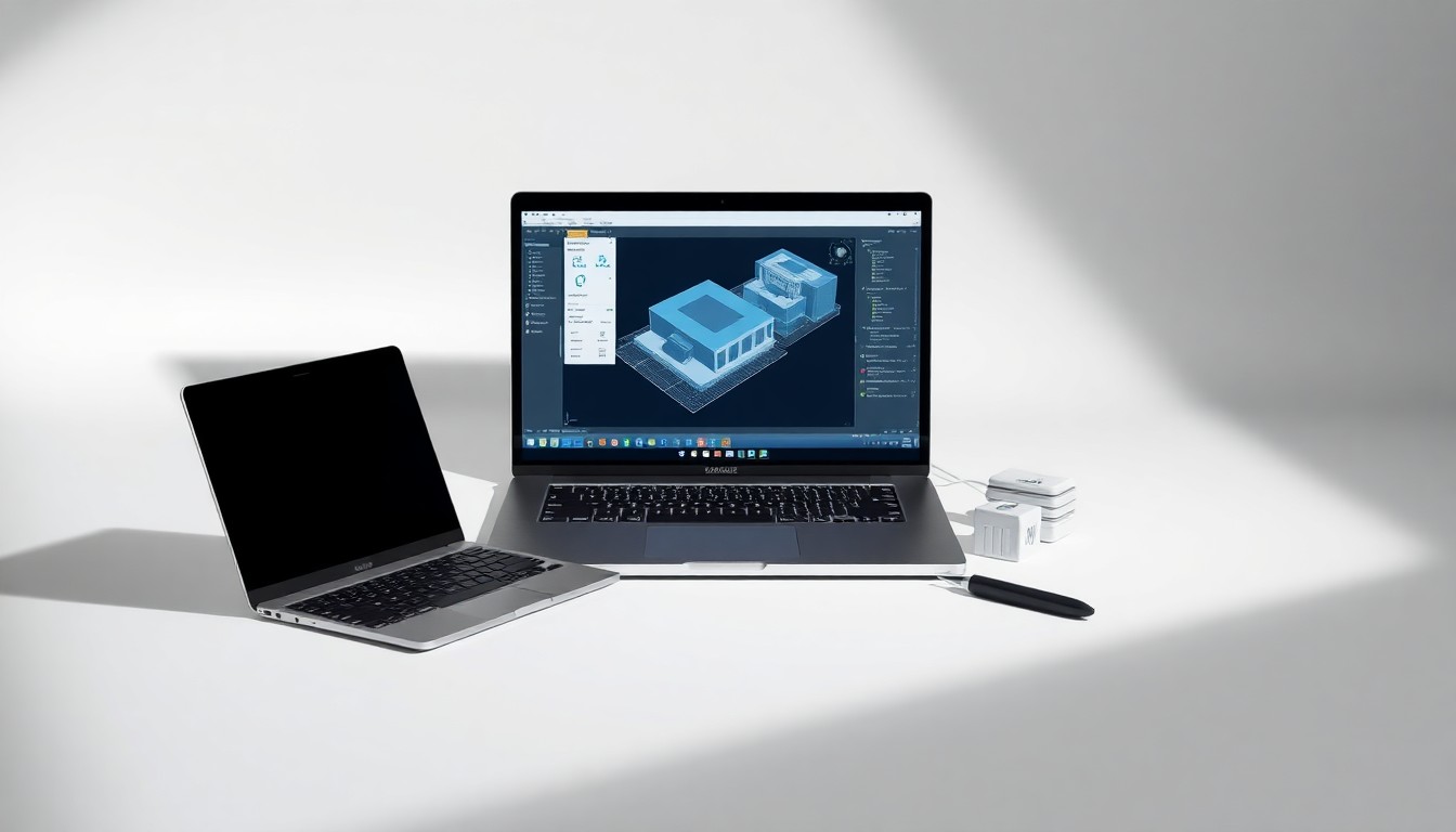 A high-end, photorealistic studio still-life photograph featuring a sleek, metallic laptop computer, a stylized 3D-printed model of a CAD software interface, and a set of precision drafting tools arranged elegantly on a clean, monochromatic background, conceptually representing the abstract concepts of software, technology, and innovation.