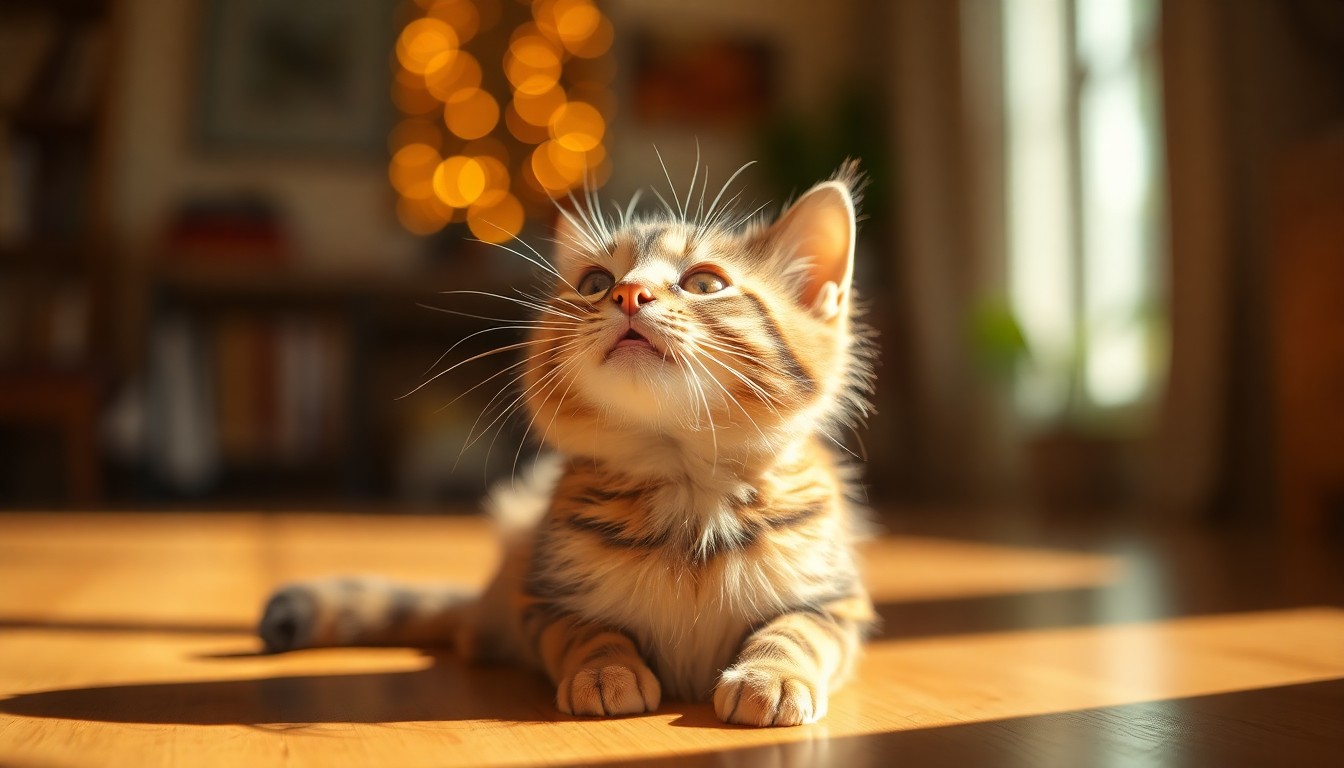 An extremely abstracted, out-of-focus photograph of a playful cat in a sunlit room, with warm pools of bokeh light surrounding the feline subject, conveying a sense of joy and comfort.