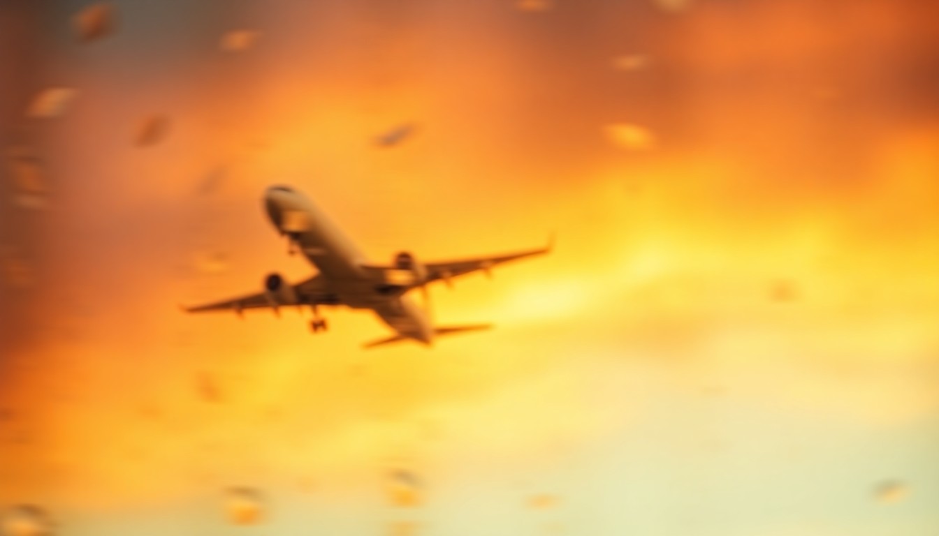 An abstract, impressionistic photograph of an out-of-focus airplane silhouette against a warm, hazy background of soft, blurred colors, conceptually representing the unexpected in-flight birth and the professionalism of the airline crew.