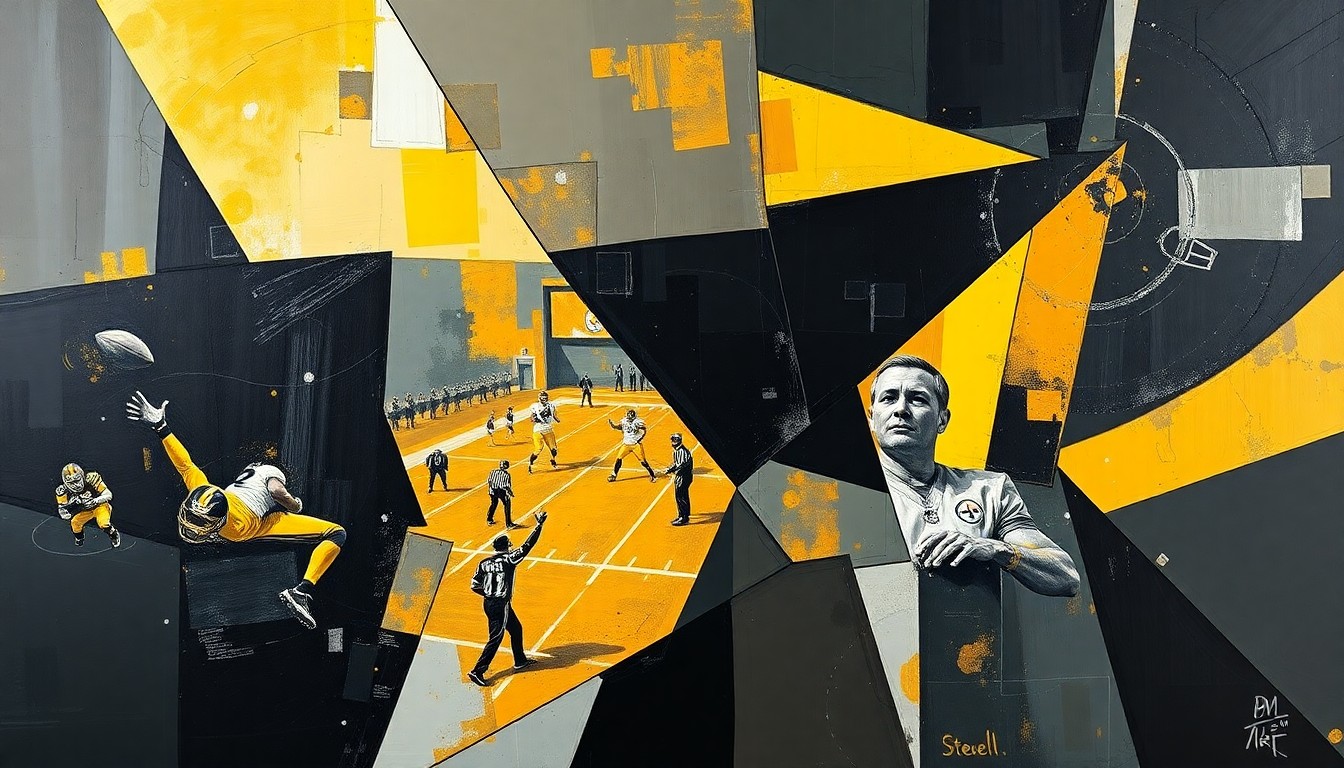 A cubist, geometric painting depicting a fragmented, multi-angled view of a Steelers football game or practice, with sharp planes of black, gold, and steel grey representing the team's iconic colors and the dynamic energy of the sport.
