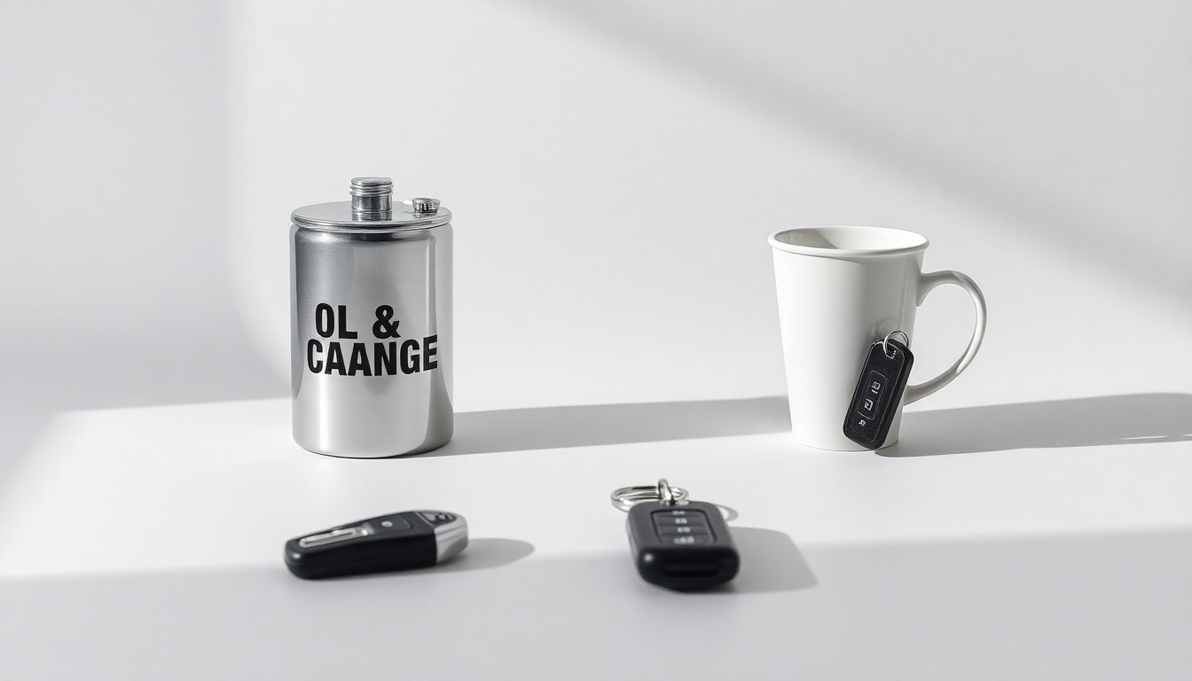 A high-end, photorealistic studio still-life featuring a polished, geometric oil change canister, a sleek coffee cup, and a set of car keys arranged elegantly on a clean, monochromatic background, conceptually representing the convenience and efficiency of the proposed commercial development.