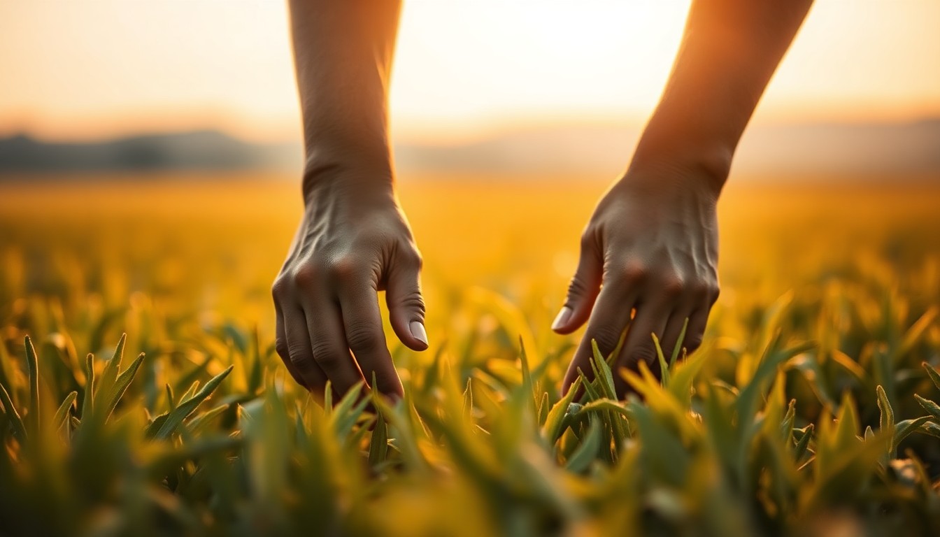 An extremely abstracted, out-of-focus photograph in soft, golden tones depicting a farmer's hands tending to crops in a field, with the horizon line blurred in the background, conceptually representing Orion Samuelson's legacy as a beloved agricultural broadcaster.