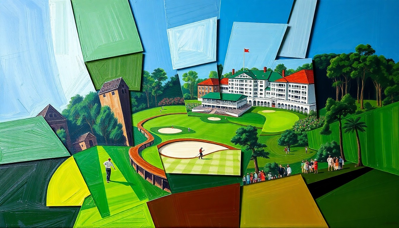 A fragmented, geometric painting depicting an abstract golf scene, with sharp planes of green, brown, and blue hues representing the challenging terrain and conditions of Augusta National Golf Club.