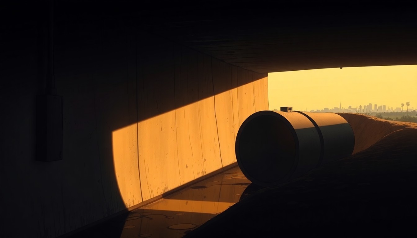 A serene, cinematic painting depicting a solitary drainage pipe or culvert along the Tijuana River, with warm sunlight and deep shadows creating a contemplative, nostalgic mood that reflects the environmental challenges facing the region.