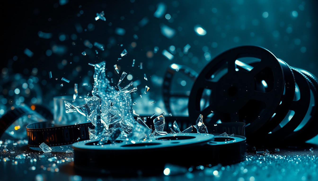 An abstract close-up image of shattered glass and film reels, bathed in dramatic studio lighting to create a high-fashion, glamorous aesthetic that conceptually represents the legacy of legendary film critic Roger Ebert.