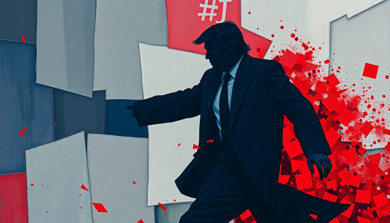 A fractured, abstract painting in shades of navy, charcoal, and red depicting a silhouetted figure in motion, conveying a sense of political turmoil and power dynamics.