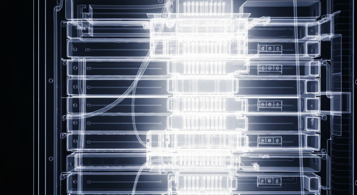 A ghostly, translucent X-ray photograph showing the intricate internal structures of a hospital computer server or network hub, highlighting the vulnerability of healthcare technology systems.