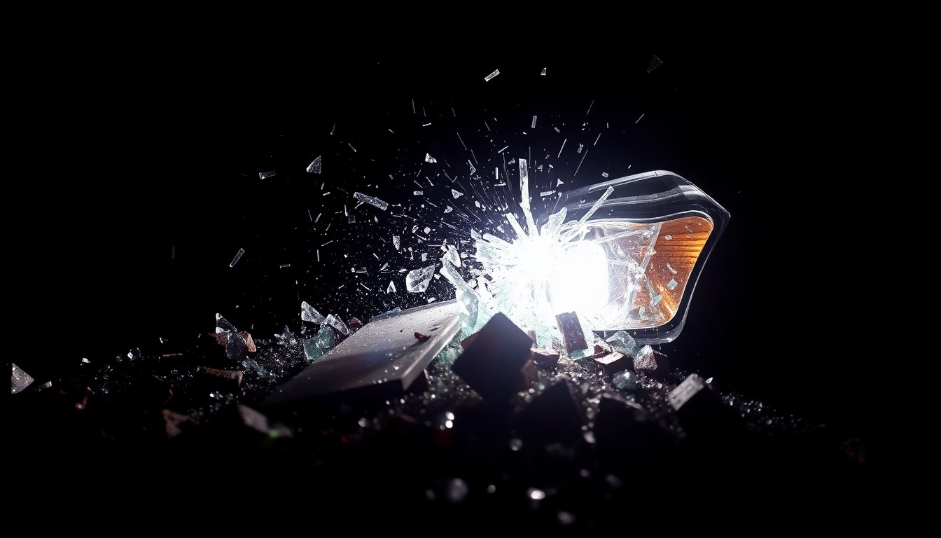 An extreme close-up photograph of shattered glass and debris from a vehicle crash, conceptually illustrating the damage and disruption caused to a local business.