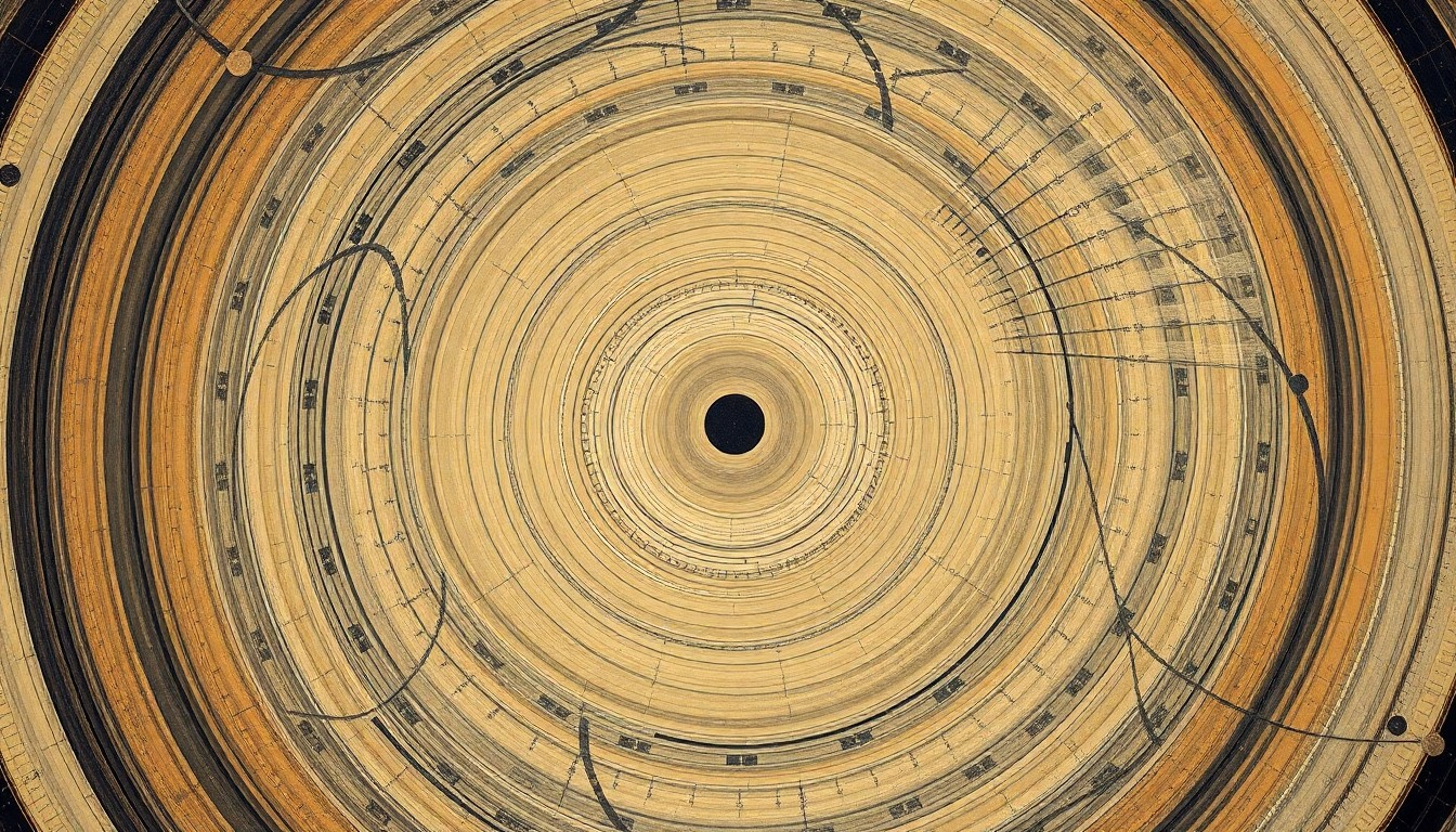 A highly textured, abstract painting in soft earth tones featuring sweeping geometric arcs, concentric circles, and precise spirals, conceptually representing the complex electromagnetic forces and quantum phenomena involved in a tunable dark matter detector.