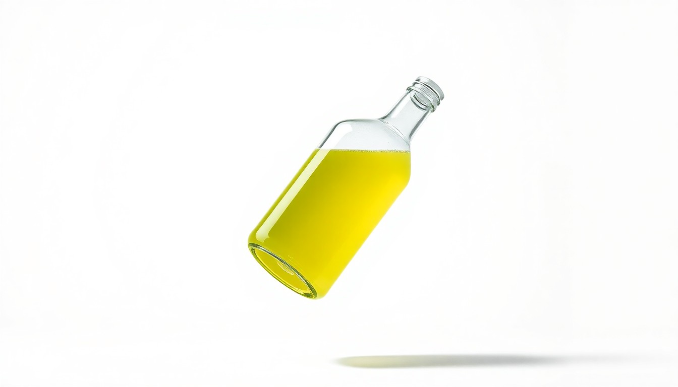A photorealistic studio still life photograph showing a floating, reflective glass bottle filled with a vibrant yellow-green liquid, representing a premium yerba mate drink product, set against a clean white background with dramatic lighting and shadows.