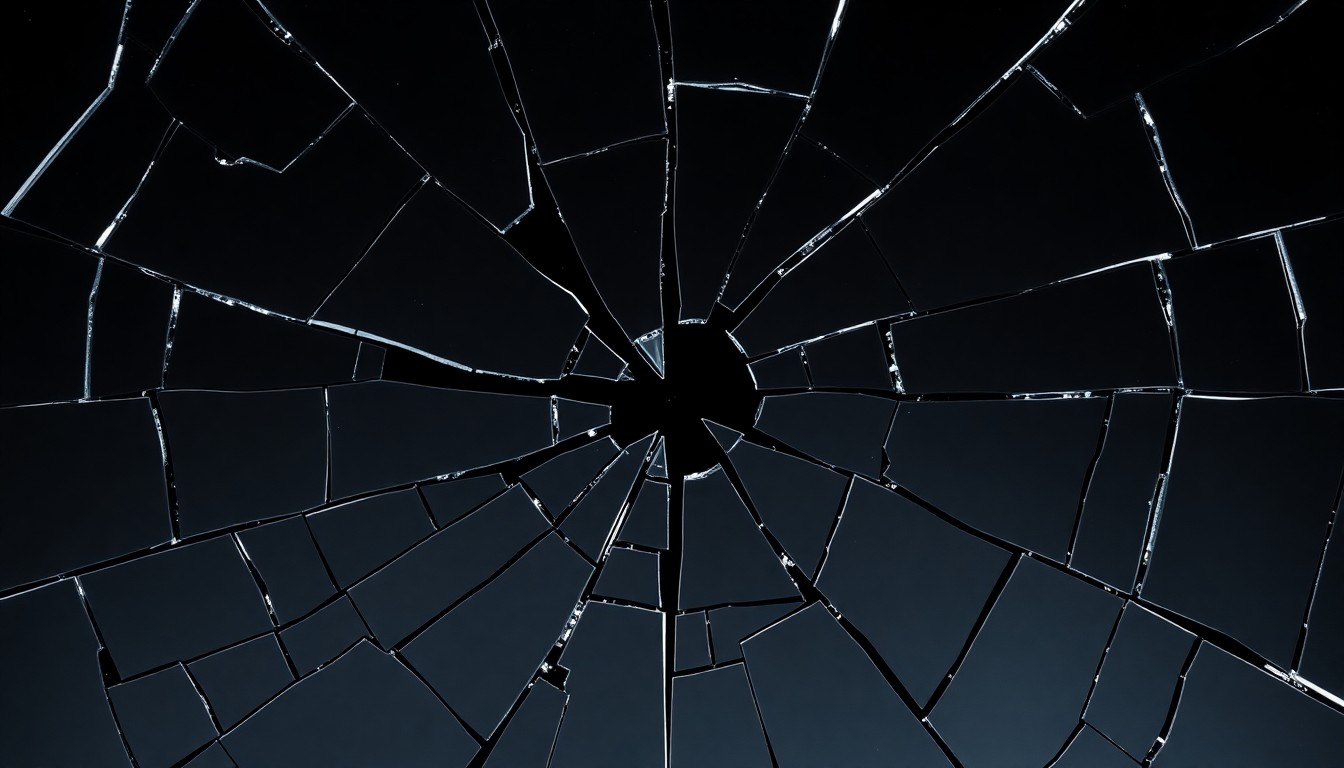 An extreme close-up photograph of a shattered, reflective surface in high contrast, conveying a sense of fragmentation and emotional turmoil.