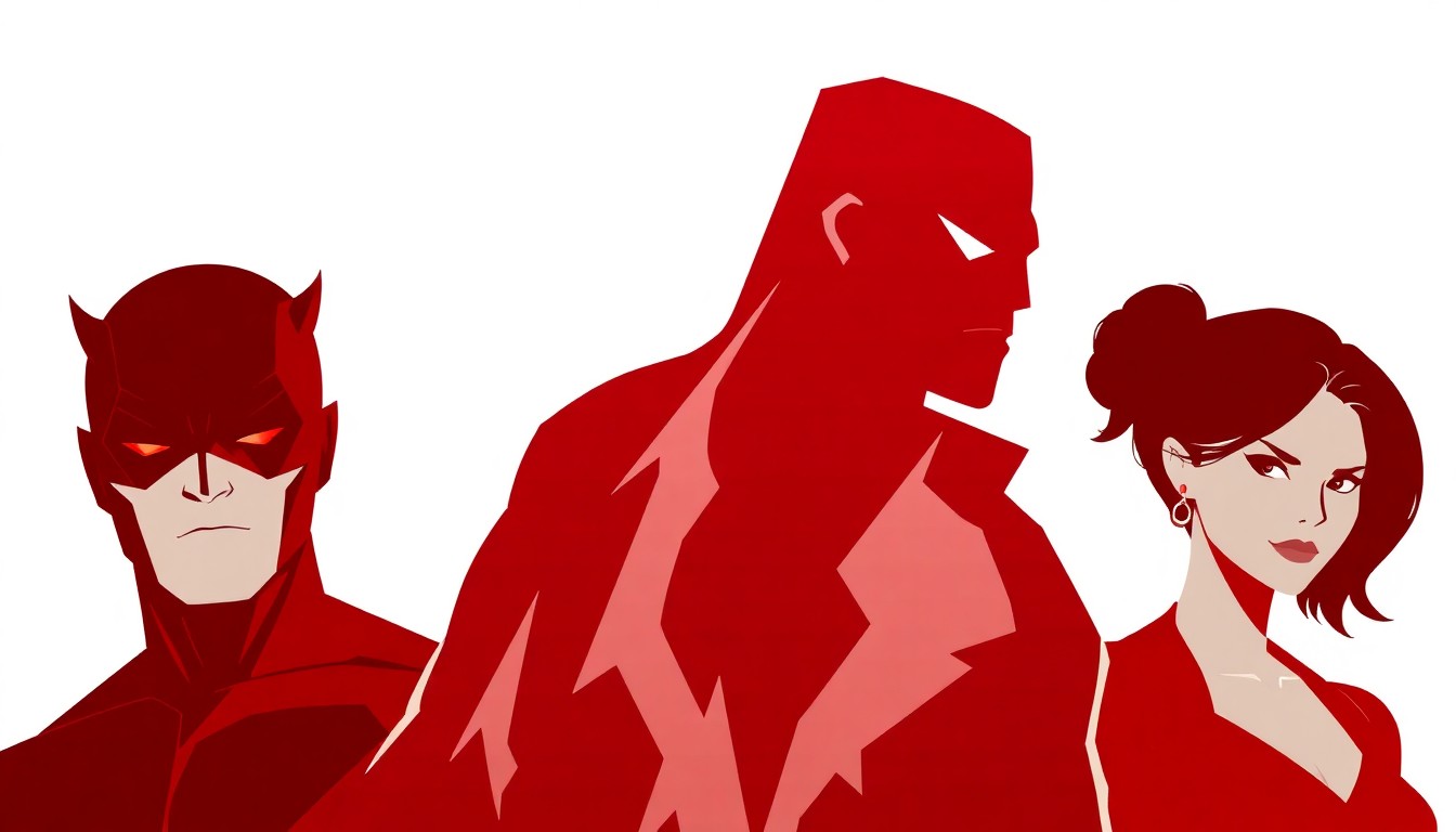 A striking abstract illustration featuring bold, geometric silhouettes in red, black, and white, representing the Marvel superheroes Daredevil, Luke Cage, Iron Fist, and Jessica Jones coming together for a new adventure.