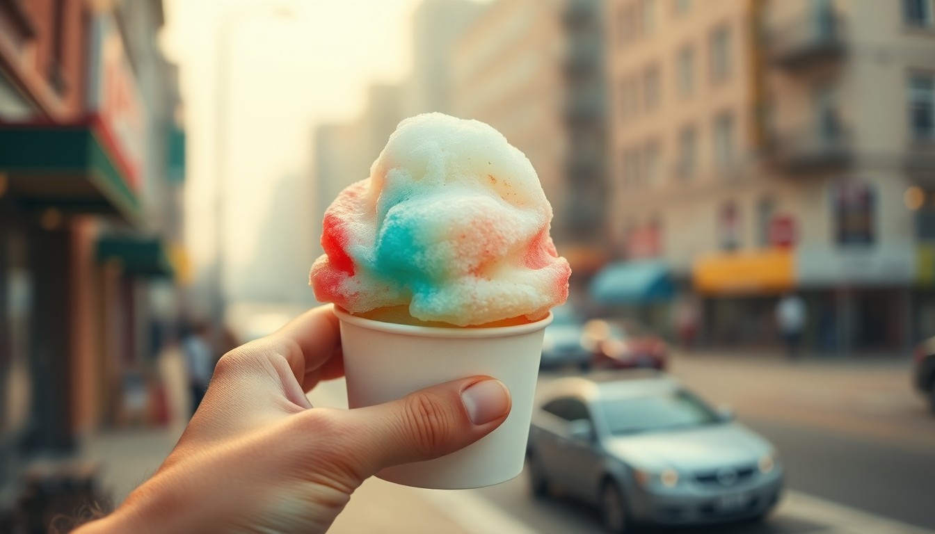 An abstract, impressionistic photograph showing a hand holding a paper cup filled with brightly colored Italian ice, with a blurred urban backdrop in soft, warm tones, conveying the refreshing and nostalgic experience of enjoying this classic New York City summer treat.
