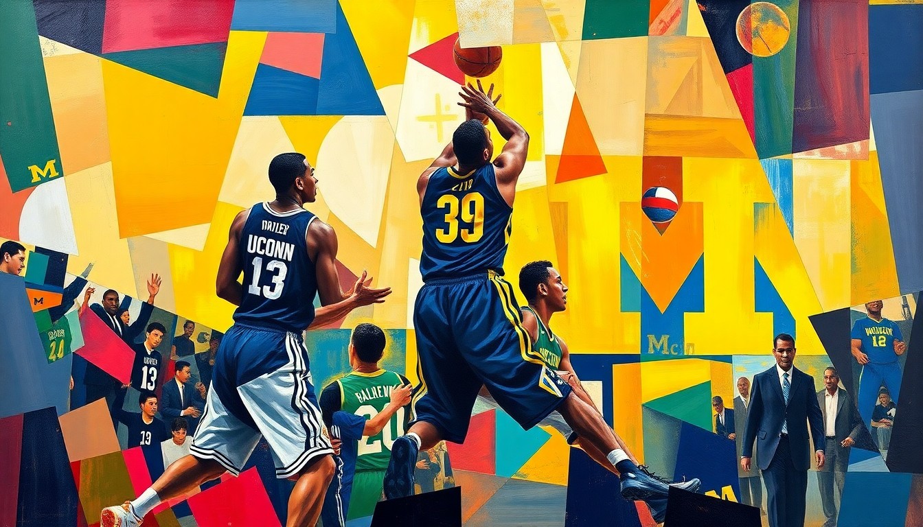 A fragmented, geometric painting in bold colors representing the clash between two basketball teams, with no identifiable players or logos, conveying the conceptual drama of the championship matchup.