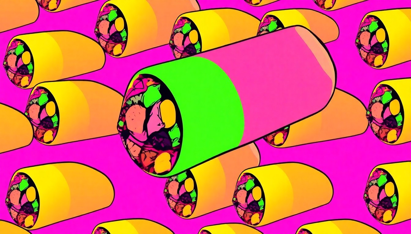 A high-contrast, silkscreen-style illustration of a single burrito icon repeated in a grid, rendered in a bold, neon color palette that transforms the everyday dish into modern pop art.