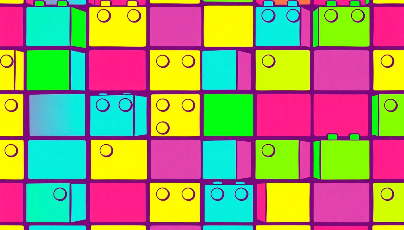 A brightly colored, high-contrast silkscreen print of a large, iconic children's museum building block repeated in a tight grid pattern, conceptually representing the museum's plans for growth and expansion.