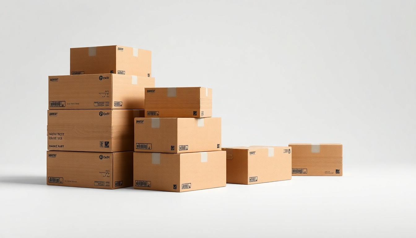 A high-end, photorealistic studio still-life photograph featuring a stack of shipping boxes made from polished raw materials and clean geometric shapes, arranged elegantly on a clean, monochromatic seamless background with sharp, dramatic studio lighting and deep shadows to represent the abstract concepts of corporate strategy, finance, and logistics in the transportation industry.