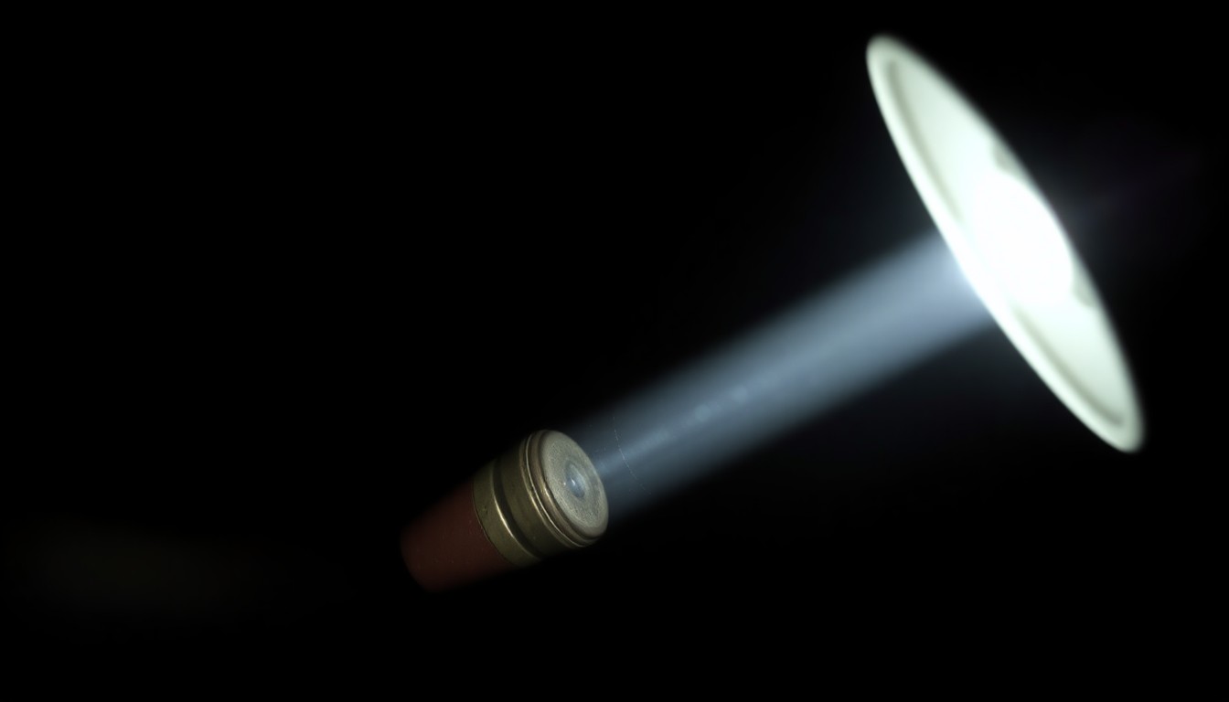 An extreme close-up photograph of a bullet casing or other physical evidence from the crime scene, lit by a harsh, direct camera flash against a pitch-black background, creating a stark, gritty, investigative aesthetic.