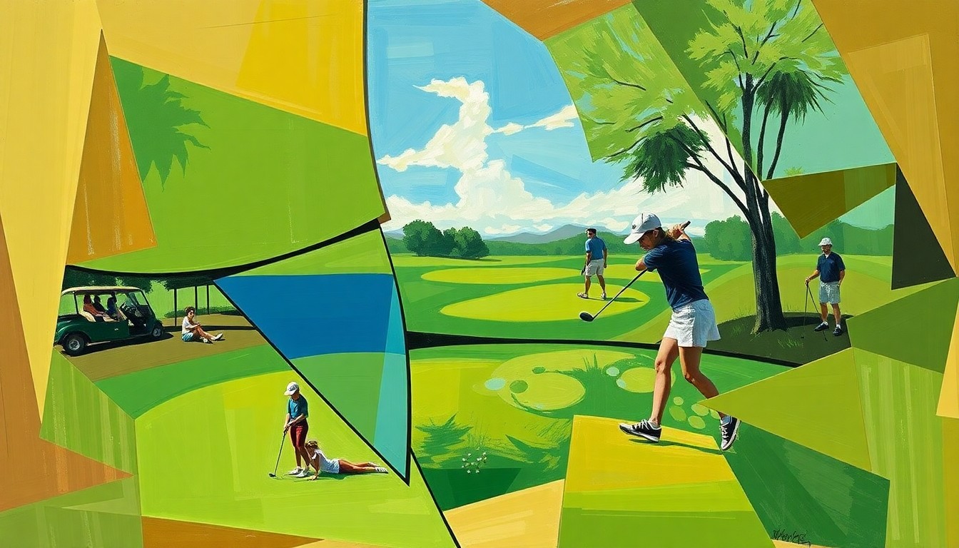 A fragmented, geometric painting depicting a high school girls' golf match, with sharp planes of green, brown, and blue representing the sport's action and energy.