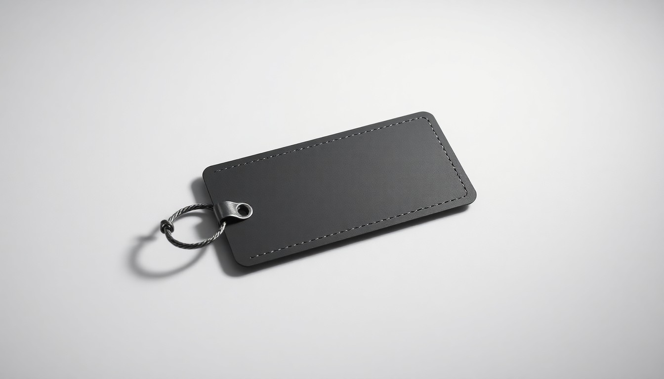 A minimalist, high-end studio photograph featuring a single, premium-looking airline luggage tag elegantly arranged on a clean, monochromatic background, using dramatic lighting to symbolize the abstract corporate strategy behind baggage fees.