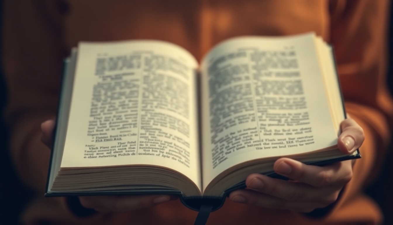 An abstract, out-of-focus photograph showing a person's hands holding an open book, conveying the intimate, reflective experience of reading.