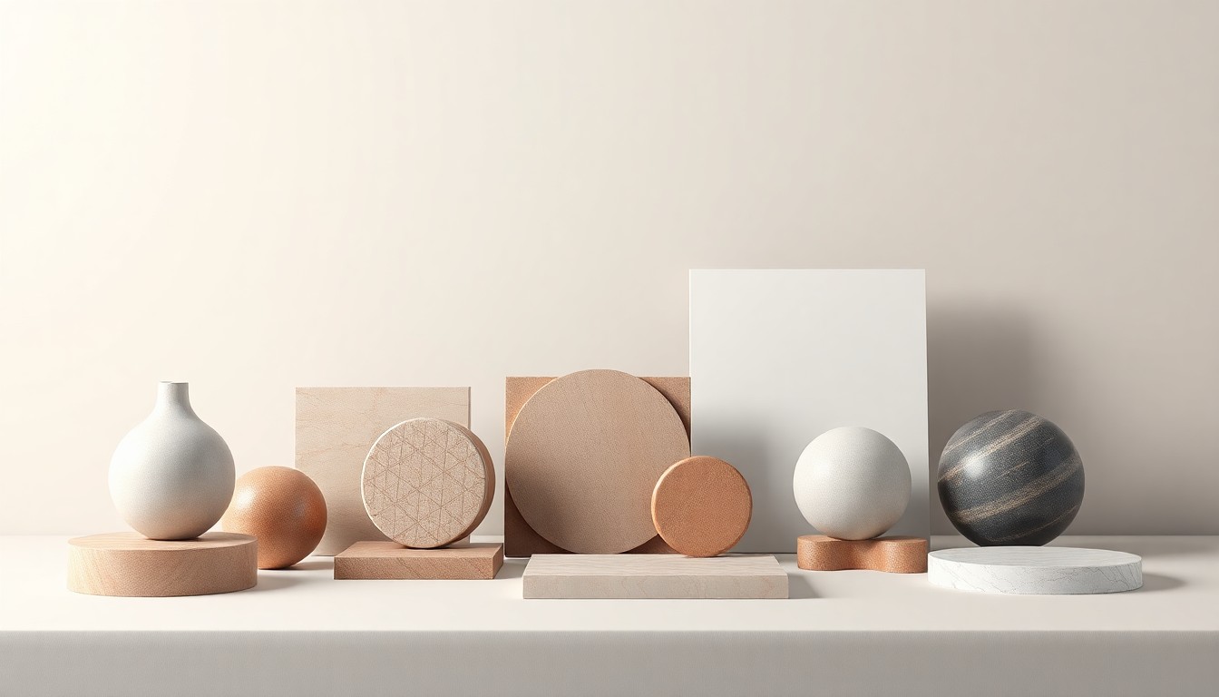 An abstract studio still life featuring a collection of smooth, polished materials in geometric shapes, conveying the idea of urban renewal and community revitalization through thoughtful redevelopment.