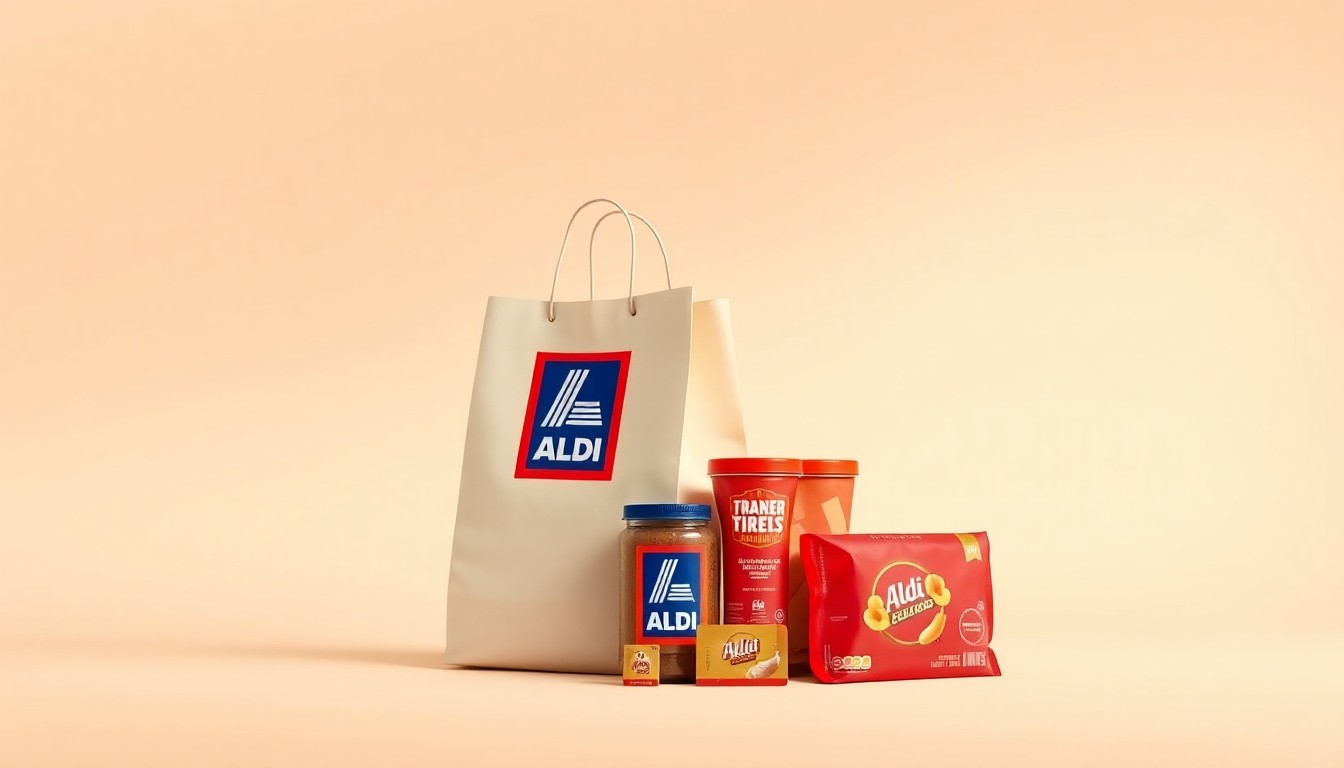 A high-end, photorealistic studio still-life photograph featuring a stack of Aldi shopping bags, a few Aldi-branded products, and a golden ticket against a clean, monochromatic seamless background, conceptually representing Aldi's focus on value, discounts, and exclusive products.