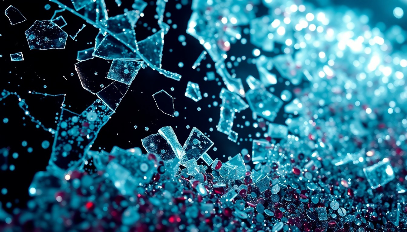 An abstract close-up image of shattered glass and glittering sequins, captured in dramatic high-contrast lighting to convey the conceptual idea of the entertainment industry's blend of glamour and artifice.
