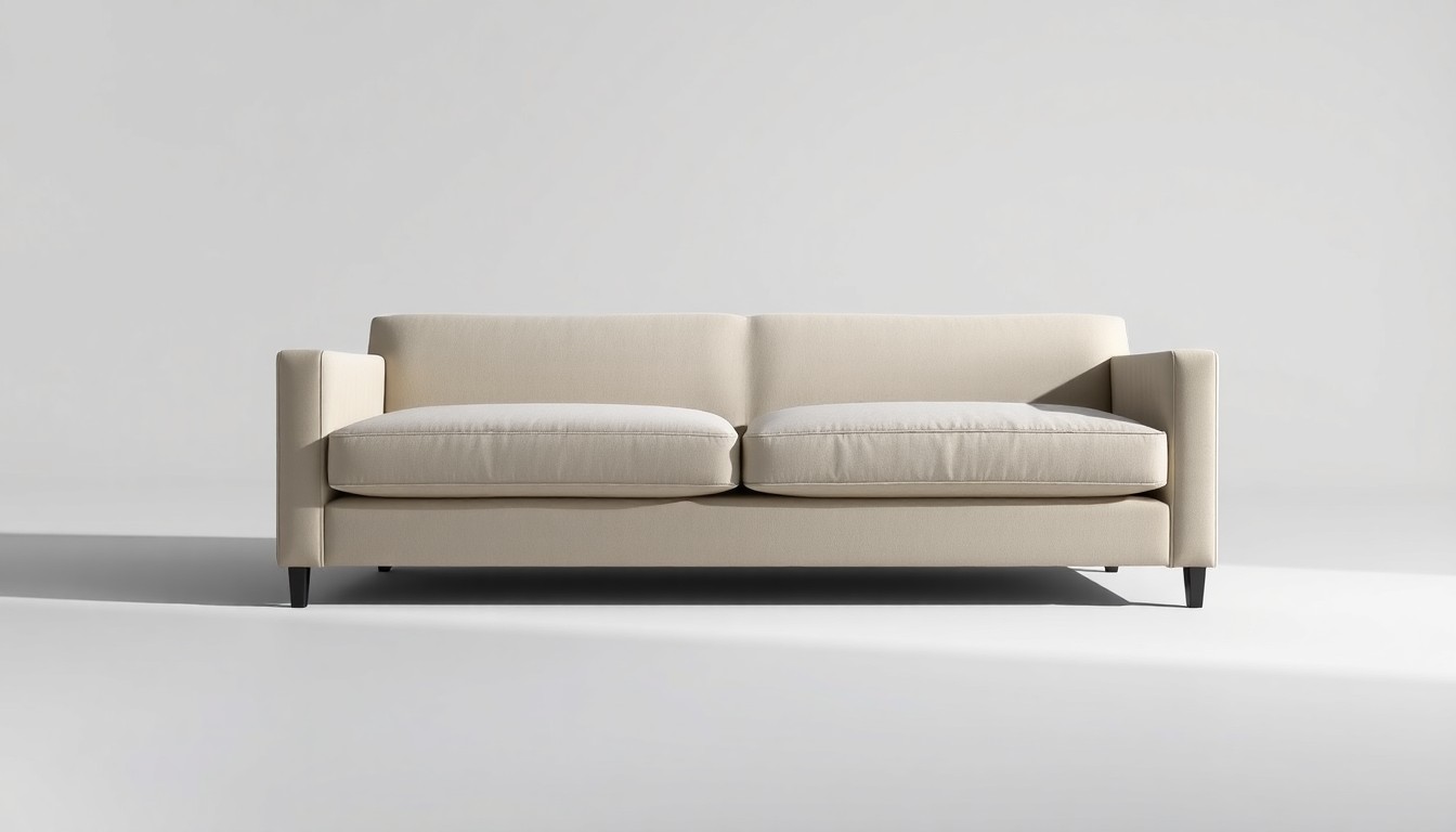 A photorealistic studio still life of a modern, minimalist Ashley Luxe sofa in a neutral color palette, captured with dramatic lighting to highlight the refined craftsmanship and luxurious yet livable design.