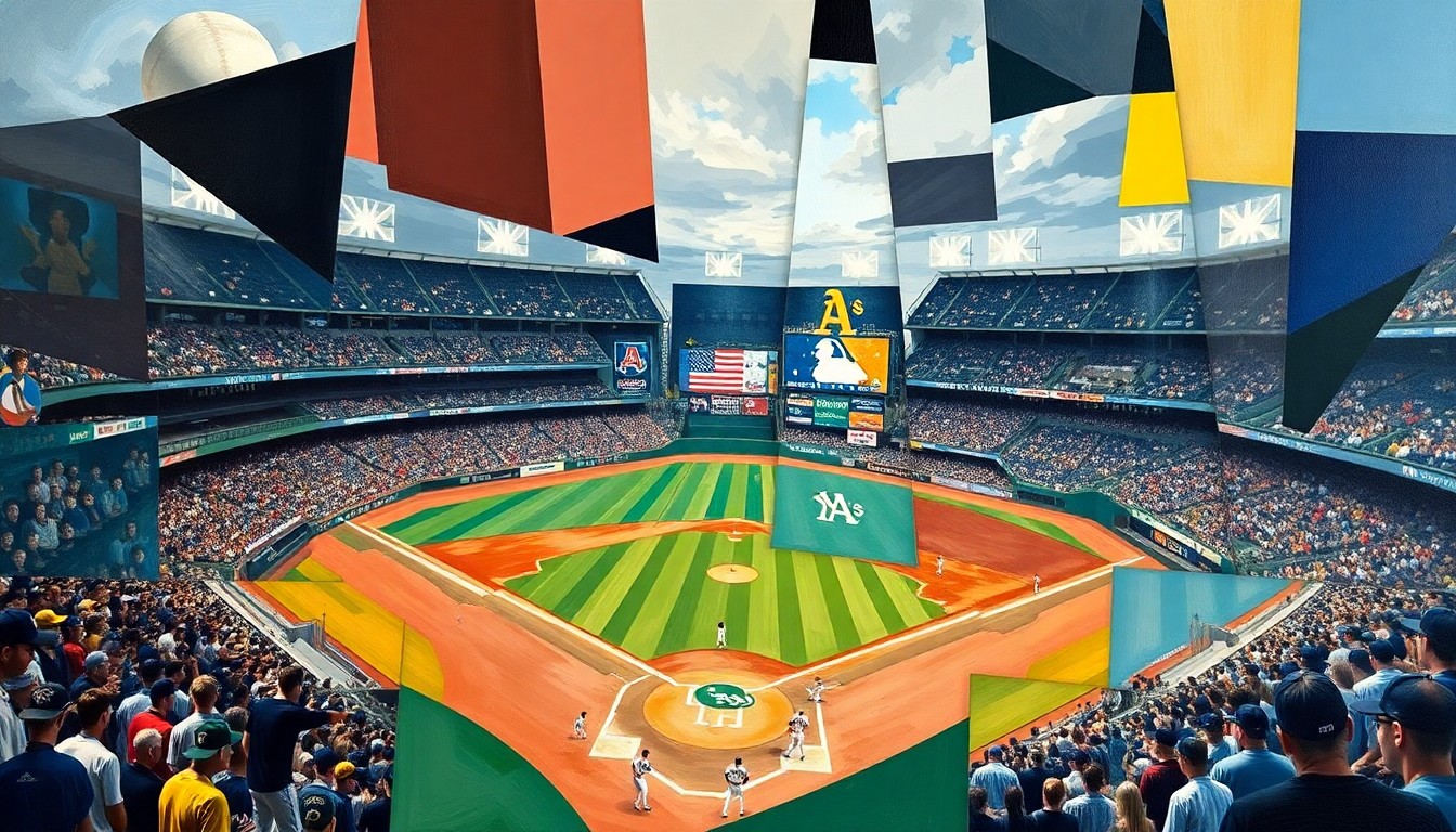 A cubist-style painting depicting a baseball game between the New York Yankees and Oakland Athletics, with the action broken down into sharp, geometric shapes and planes of color.
