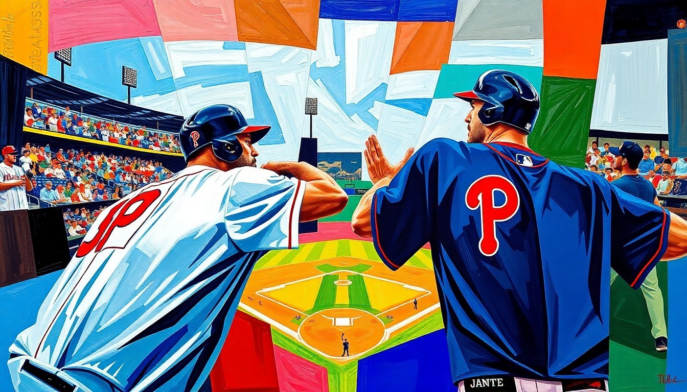 A fractured, multi-perspective painting in bold, clashing colors, breaking down a baseball game or match into sharp, overlapping geometric shapes and planes, conceptually representing the Giants' frustrating start to the season.
