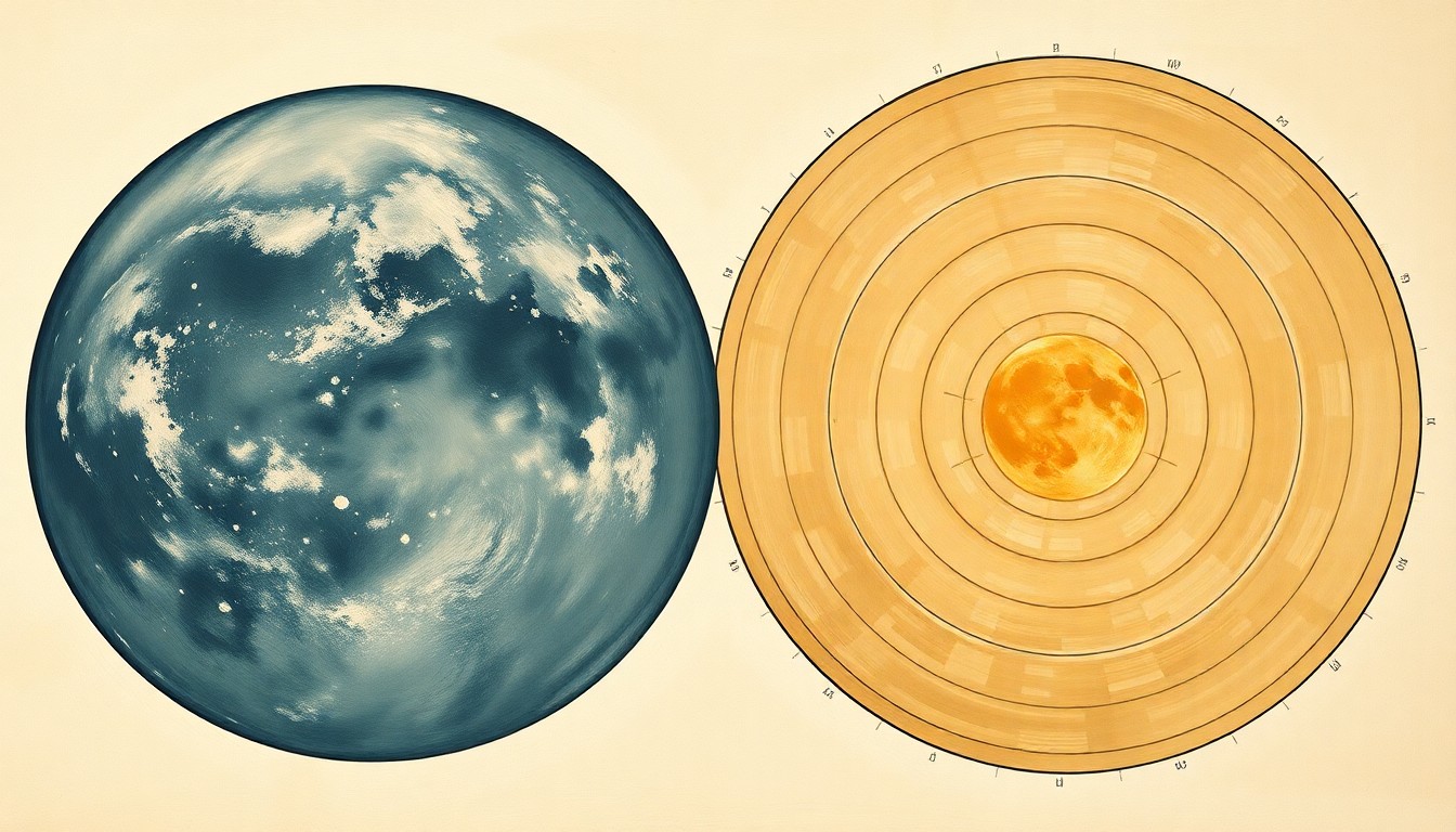 A bold, abstract painting in soft greens, blues, and grays, featuring sweeping geometric arcs and concentric circles representing the Earth and Moon in a cosmic dance, conveying the structural order of the universe without using any text or symbols.