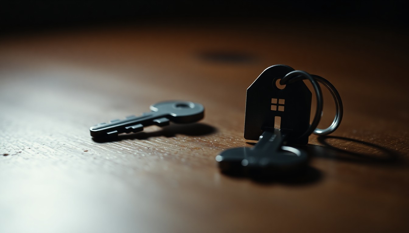 An extreme close-up photograph of a house key resting on a wooden surface, with dramatic lighting and shallow depth of field, conceptually representing the importance of property protection.