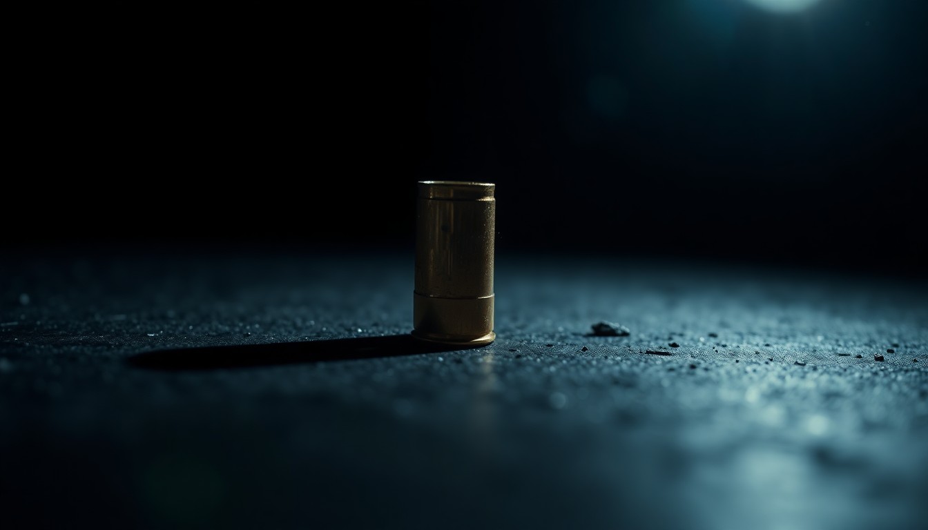An extreme close-up photograph of a single spent shell casing on a dark surface, its metallic texture and form filling the frame under harsh, direct lighting, conveying a sense of the gritty, investigative nature of this crime incident.