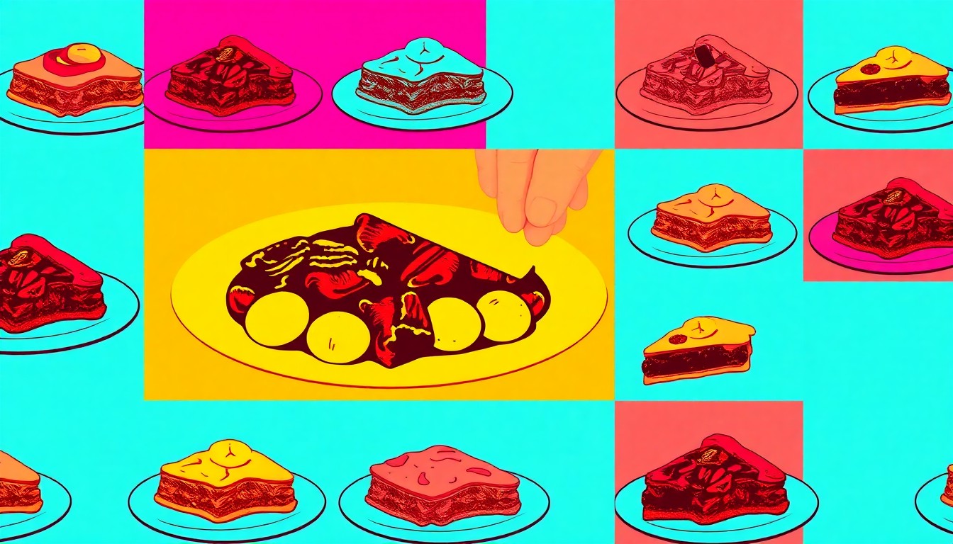 A brightly colored, high-contrast silkscreen print of a plate of barbecue ribs repeated in a tight grid pattern, capturing the bold, iconic nature of Southern cuisine as modern pop art.
