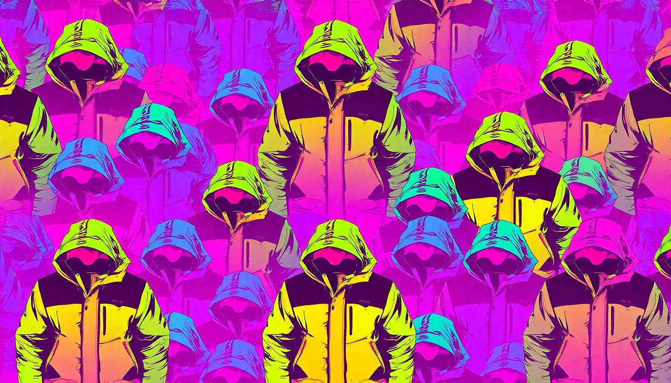 A bold, colorful silkscreen-style illustration featuring a repeating pattern of a single, iconic ski jacket in bright, neon-like hues, capturing the energy and fashion-forward appeal of the end-of-season sale.