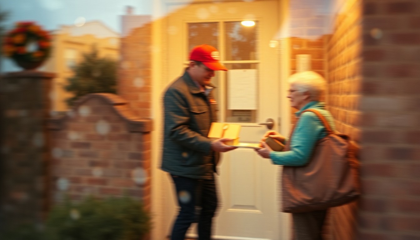 An extremely blurred, impressionistic scene of a Meals on Wheels delivery person handing a meal to an elderly resident, conveying the warmth and care of the organization's work through soft, out-of-focus pools of light and color.