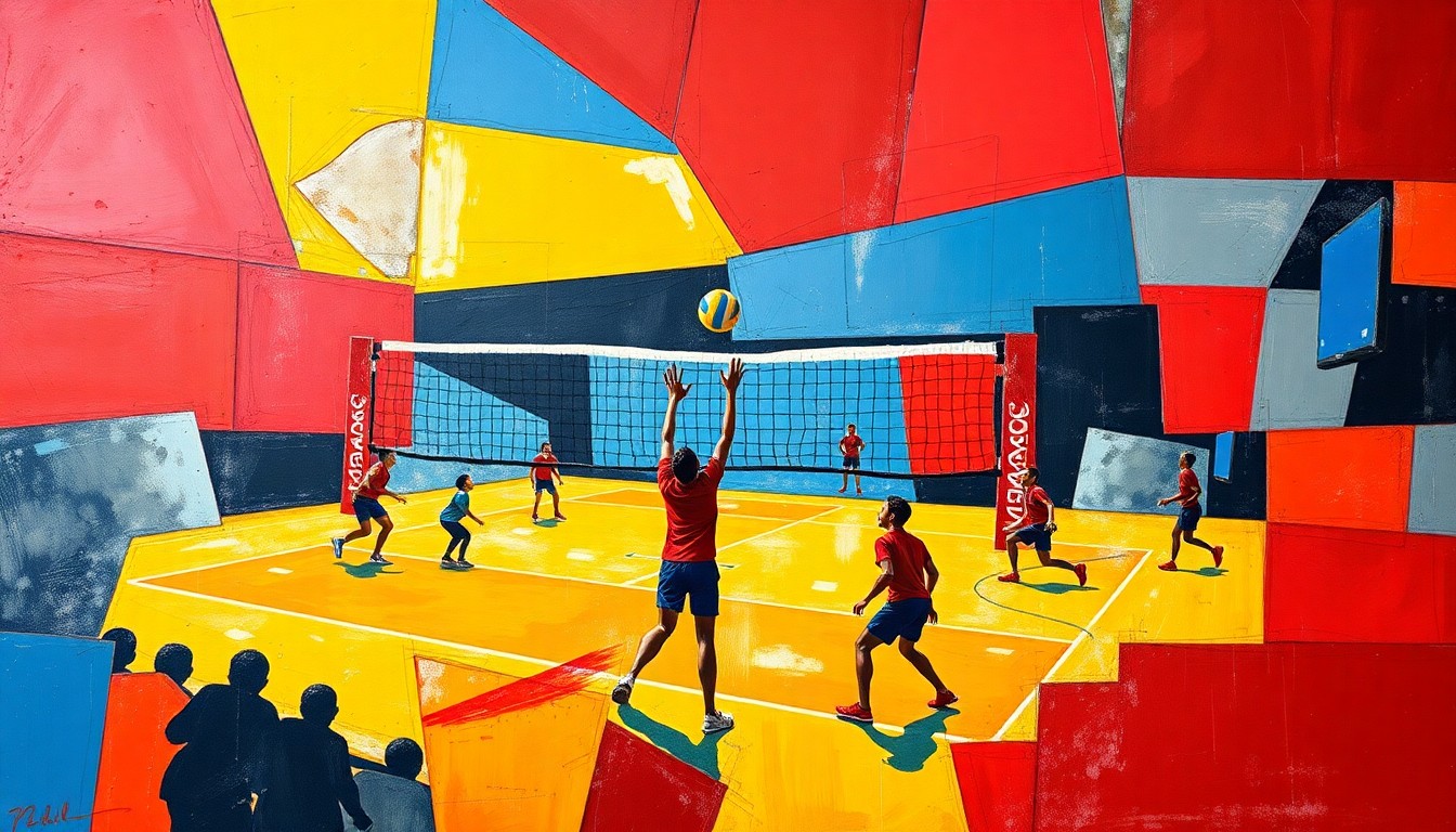 A cubist, geometric painting depicting a fragmented volleyball game, with sharp planes of red, blue, and yellow representing the dynamic movements and energy of the sport.