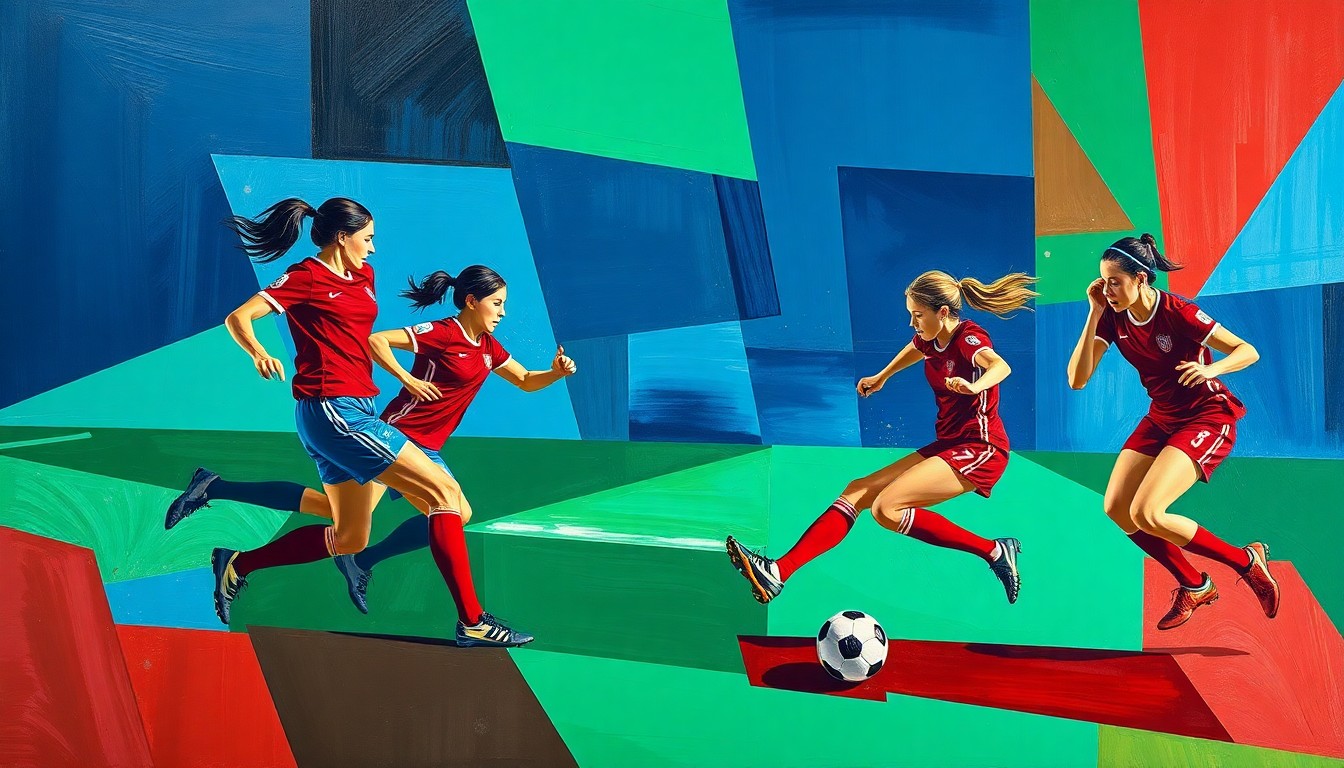 A cubist, geometric painting depicting the dynamic movements and energy of a women's soccer match, with fragmented shapes and planes of color representing the players and ball.