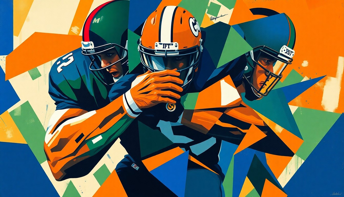 A cubist-style painting depicting the explosive movements and collisions of a defensive lineman, with sharp, overlapping geometric shapes in navy blue, forest green, and burnt orange.