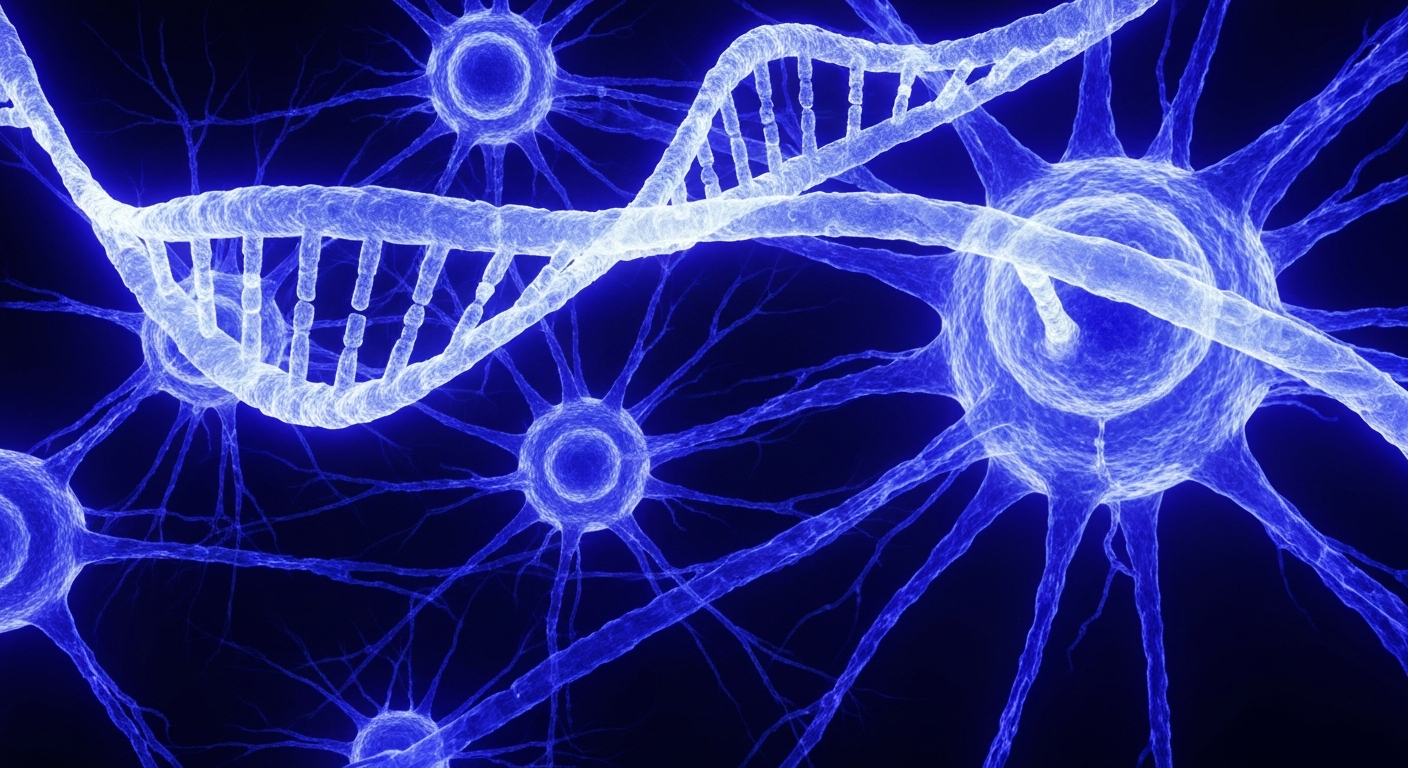 An extreme close-up translucent X-ray photograph showing the internal structure of neurons, with ghostly glowing strands of DNA highlighted in vibrant neon blue and violet colors to represent the damage that leads to neuron death in multiple sclerosis.
