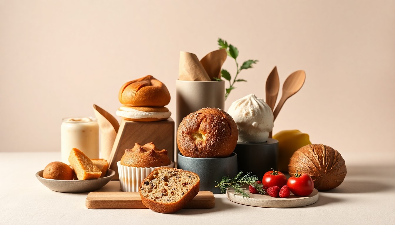 A high-end, photorealistic studio still-life photograph featuring a selection of premium baked goods and brunch ingredients arranged elegantly on a clean, monochromatic background, conceptually representing the contrasting business narratives of growth and contraction in Sioux Falls' culinary landscape.