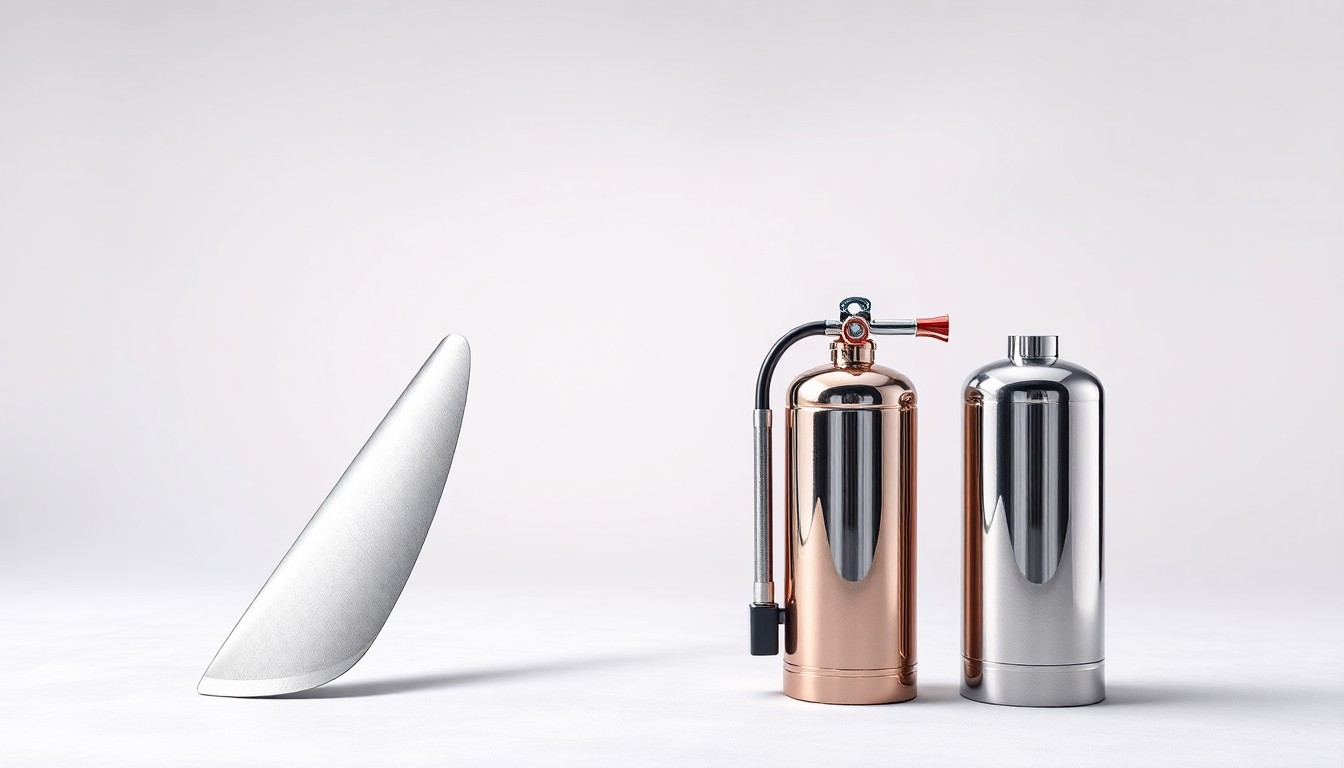 A photorealistic studio still-life image featuring a sleek, silver helicopter rotor blade and a polished, chrome-plated fire extinguisher, symbolizing the advanced equipment used in aerial firefighting operations.